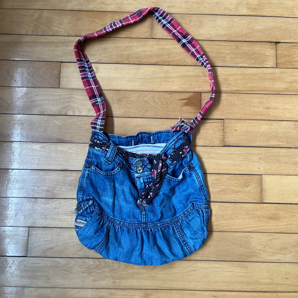 Diesel Denim Division Blue Jean Shoulder Bag Plaid Strap Ruffle Y2K Vintage